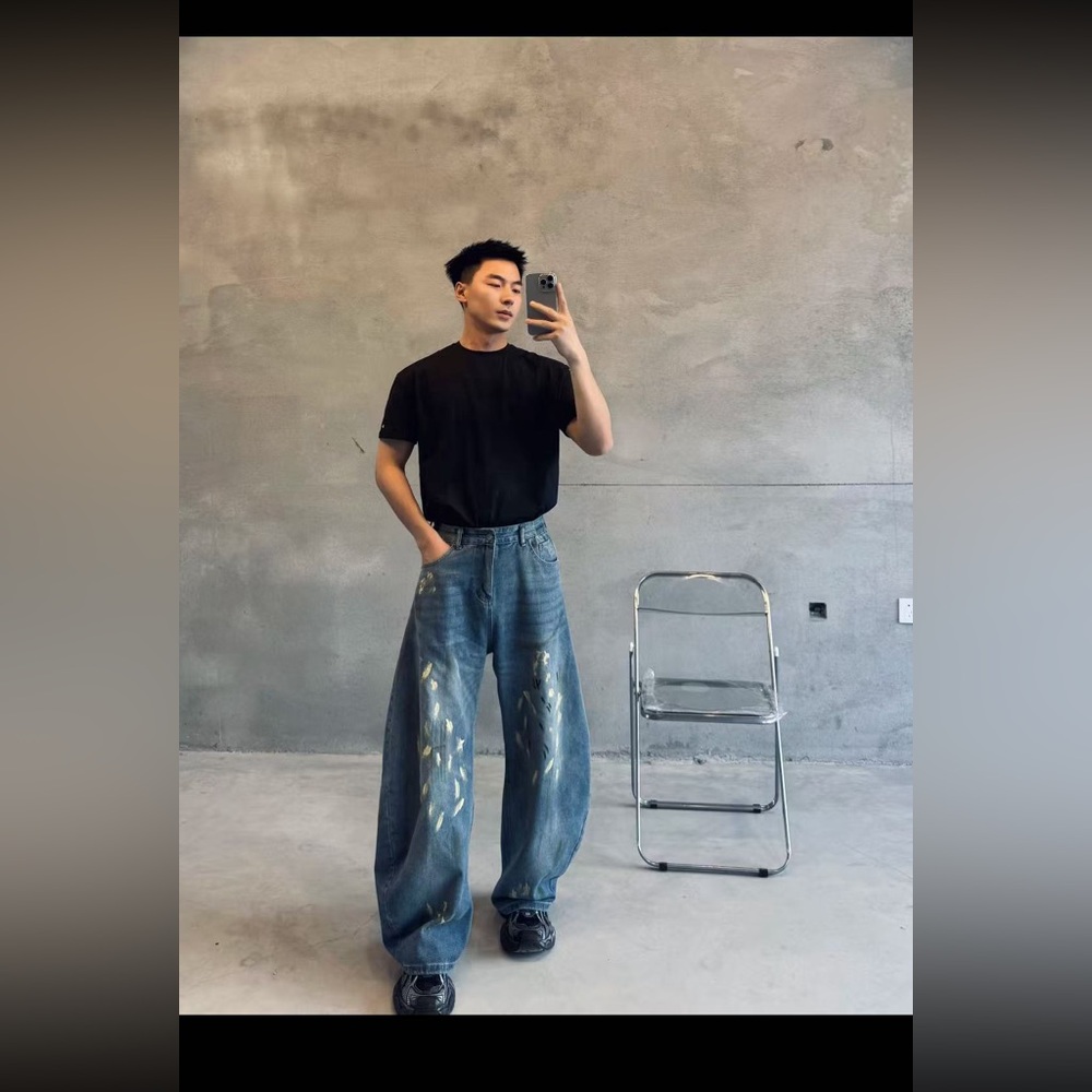 Baggy Wide-Leg Denim Pants – Artistic Paint-Splatter, Grunge Street Style‎